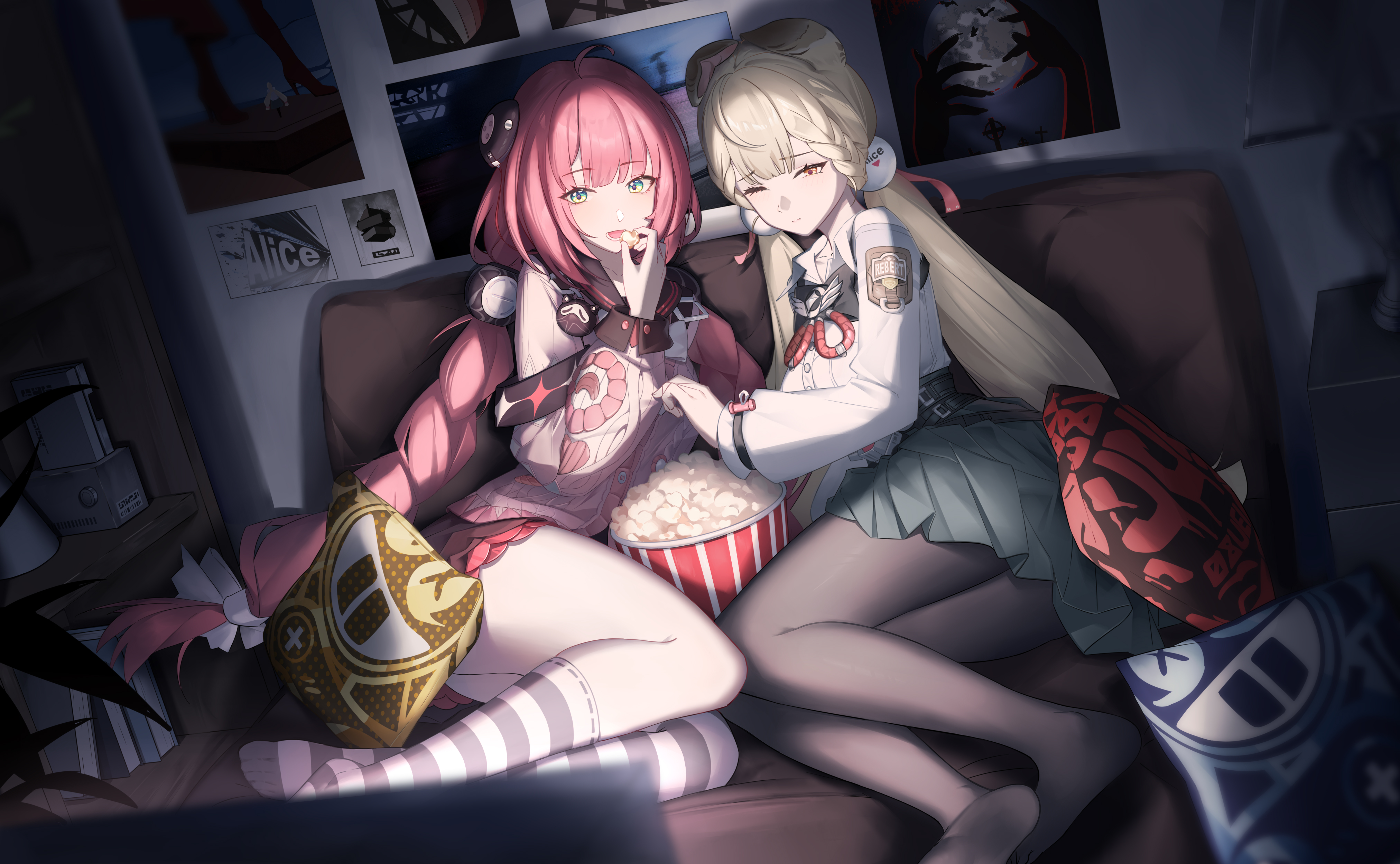 ling kongling, alice thymefield, ukinami yuzuha, zenless zone zero, absurdres, highres, 2girls, animal ears, aqua eyes, black pantyhose, blonde hair, book, braid, buttons, cardigan, couch, food, hair ornament, indoors, kneehighs, long braid, long hair, long sleeves, looking at viewer, multiple girls, one eye closed, orange eyes, pantyhose, pillow, popcorn, poster (object), rabbit ears, rabbit girl, red hair, skirt, socks, sphere hair ornament, thighs, twin braids
