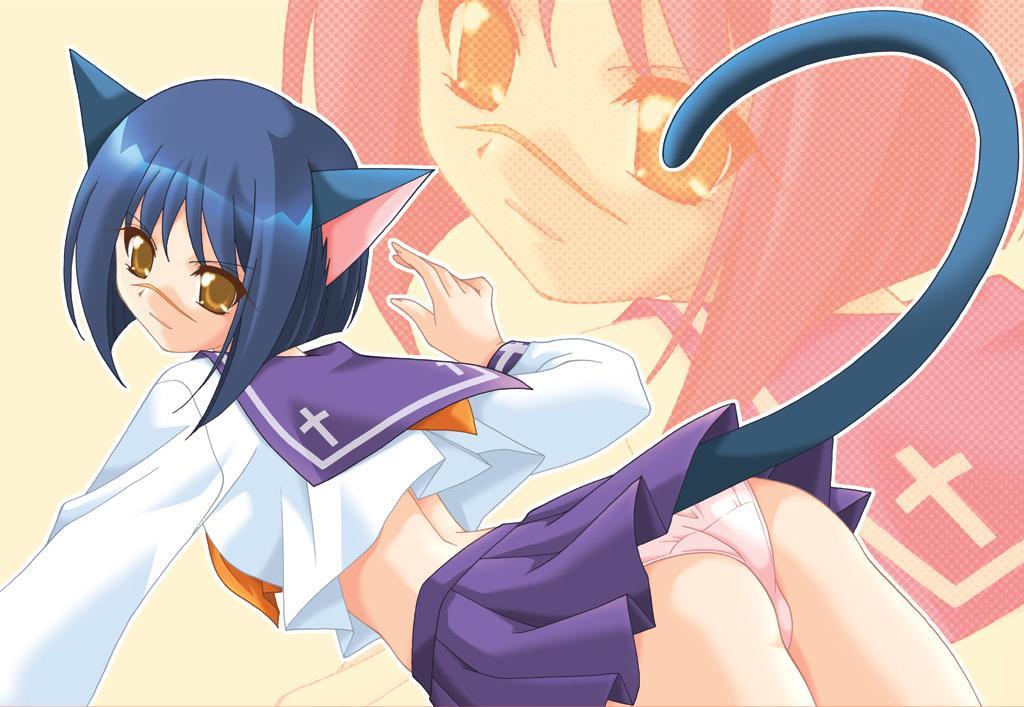 tsumura tokiko, busou renkin, 00s, 1girl, animal ears, blue hair, cat ears, panties, school uniform, serafuku, short hair, skirt, underwear, yellow eyes