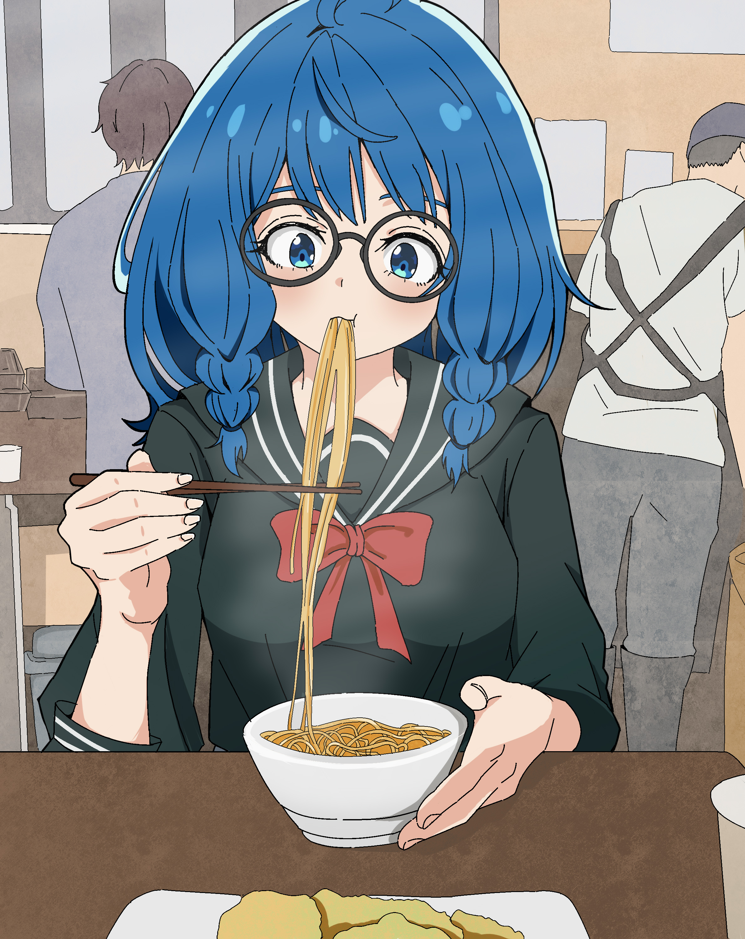 3066115054, yanami anna, make heroine ga oo sugiru!, absurdres, commentary request, highres, 1girl, black sailor collar, black shirt, blue eyes, blue hair, bow, bowl, bowtie, braid, chopsticks, eating, eyebrows hidden by hair, facing viewer, food, glasses, hair between eyes, hand up, indoors, long sleeves, looking down, medium hair, noodles, red bow, red bowtie, sailor collar, school uniform, serafuku, shirt, solo, steam, table, tareme, twin braids