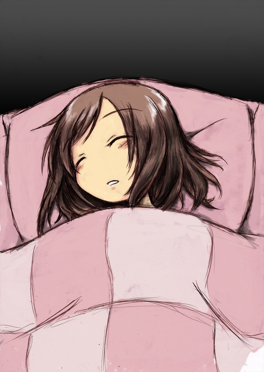 nishimiya makoto, fujimiya kaori, isshuukan friends, highres, 1girl, bed sheet, brown hair, closed eyes, head only, medium hair, open mouth, pillow, simple background, sleeping, solo, under covers