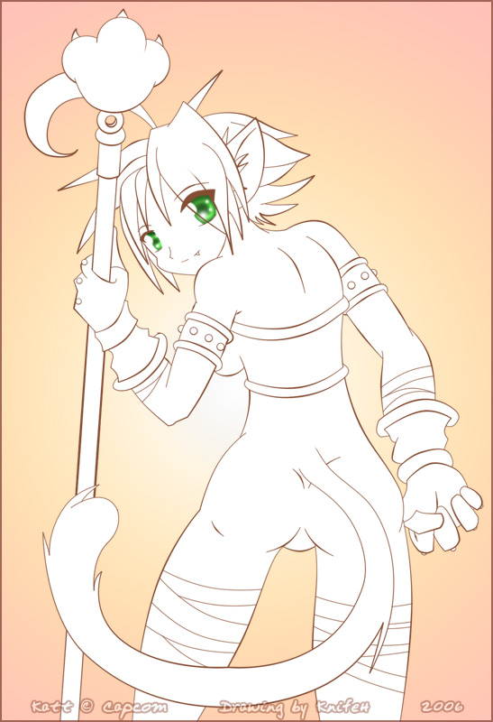 katt (breath of fire), breath of fire, breath of fire ii, capcom, ahoge, animal ears, armband, bandages, cat ears, game, gloves, green eyes, no panties, short hair
