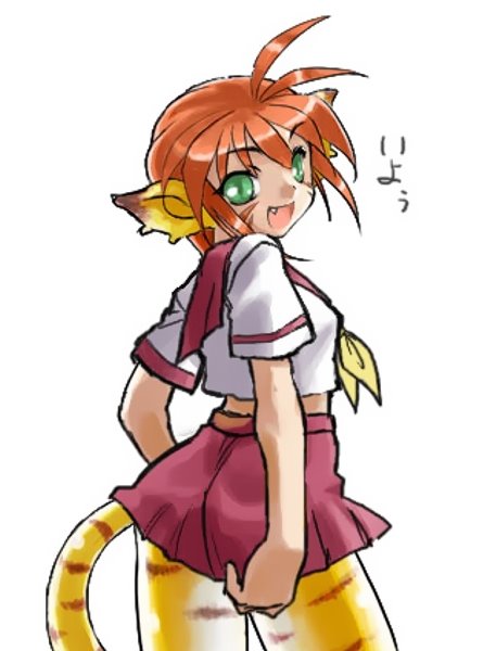 katt (breath of fire), breath of fire, breath of fire ii, ahoge, animal ears, cat ears, fang, green eyes, necktie, red hair, school uniform, serafuku, short hair, skirt, tattoo