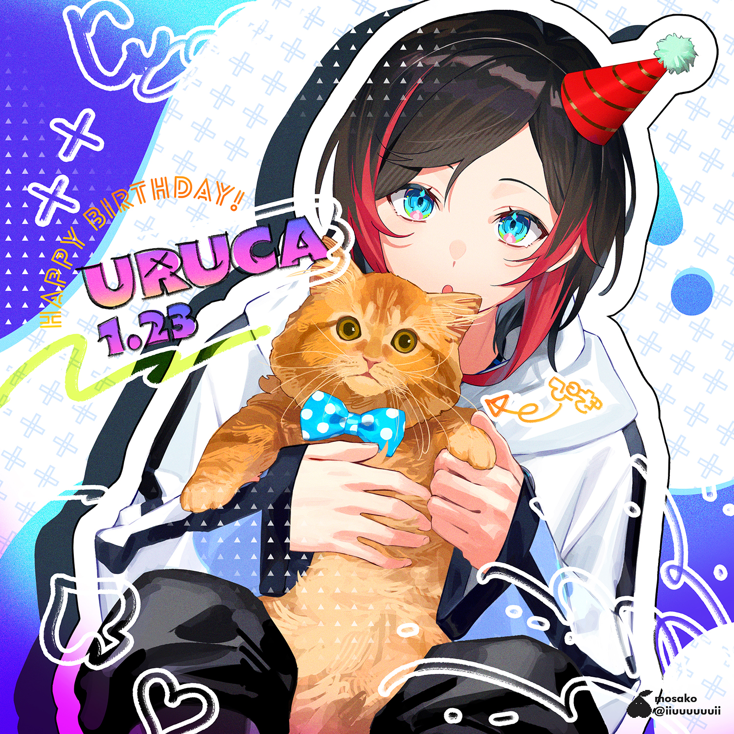 mosako, uruca (vtuber), crazy raccoon, commentary request, highres, 1boy, :o, animal, arrow (symbol), black hair, black pants, blue background, blue bow, blue bowtie, blue eyes, bow, bowtie, cat, character name, dated, drop shadow, happy birthday, hat, heart, holding, holding animal, jacket, knees up, looking at viewer, male focus, multicolored hair, orange cat, outline, pants, party hat, polka dot, polka dot bow, polka dot bowtie, red hair, solo, spade (shape), streaked hair, virtual youtuber, watermark, white background, white jacket