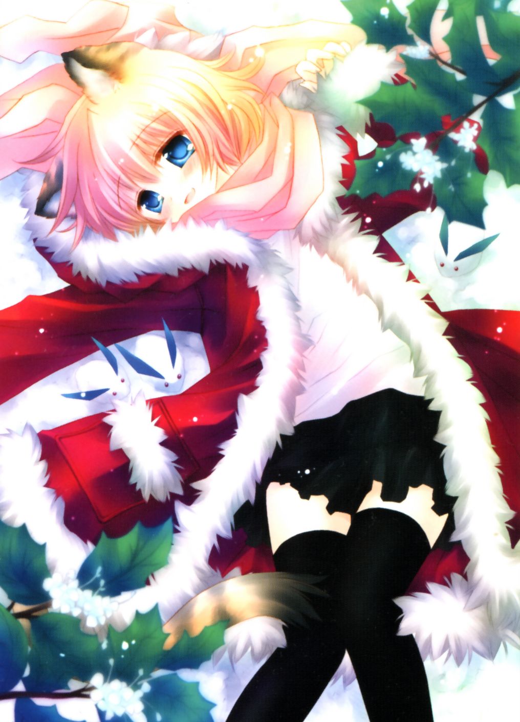 sakurazawa izumi, highres, animal ears, blue eyes, cat ears, coat, scarf, short hair, skirt, snow, thighhighs, zettai ryouiki