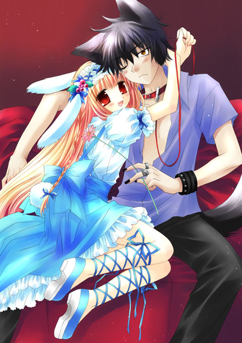 sakurazawa izumi, non-web source, 1boy, 1girl, animal ears, bed, black hair, blonde hair, collar, couple, dog ears, dress, flower, leash, long hair, plant, rabbit ears, red eyes, ribbon, short hair, tail, yellow eyes