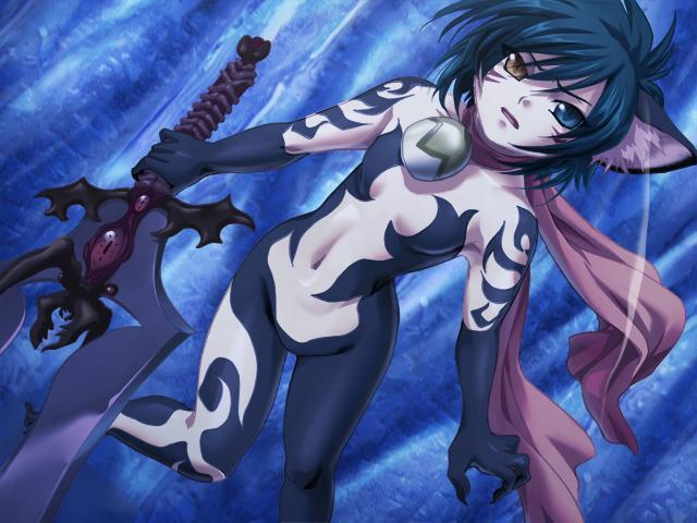 le chocolat, answer dead, game cg, source request, 1girl, animal ears, bell, blue eyes, blue hair, cat ears, female focus, gloves, heterochromia, matching hair/eyes, scarf, short hair, solo, sword, tattoo, weapon, yellow eyes
