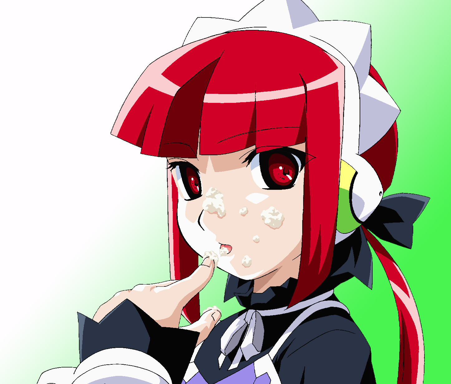 narinari, mea (popotan), hairband, headphones, open mouth, red eyes, red hair, sidelocks
