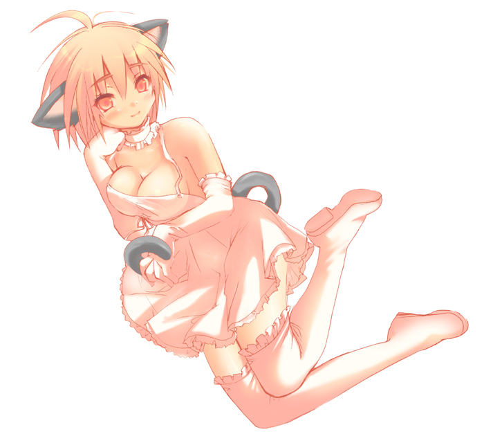animal ears, blonde hair, boots, cat ears, choker, dress, gloves, red eyes, thighhighs