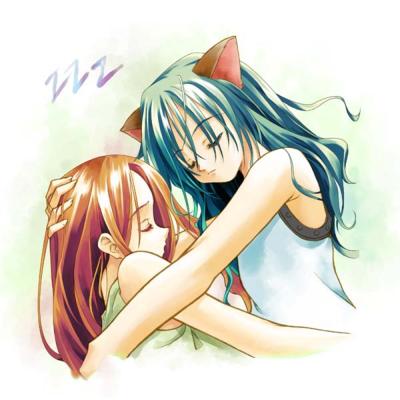 lowres, animal ears, brown hair, cat ears, green hair, long hair, sleeping
