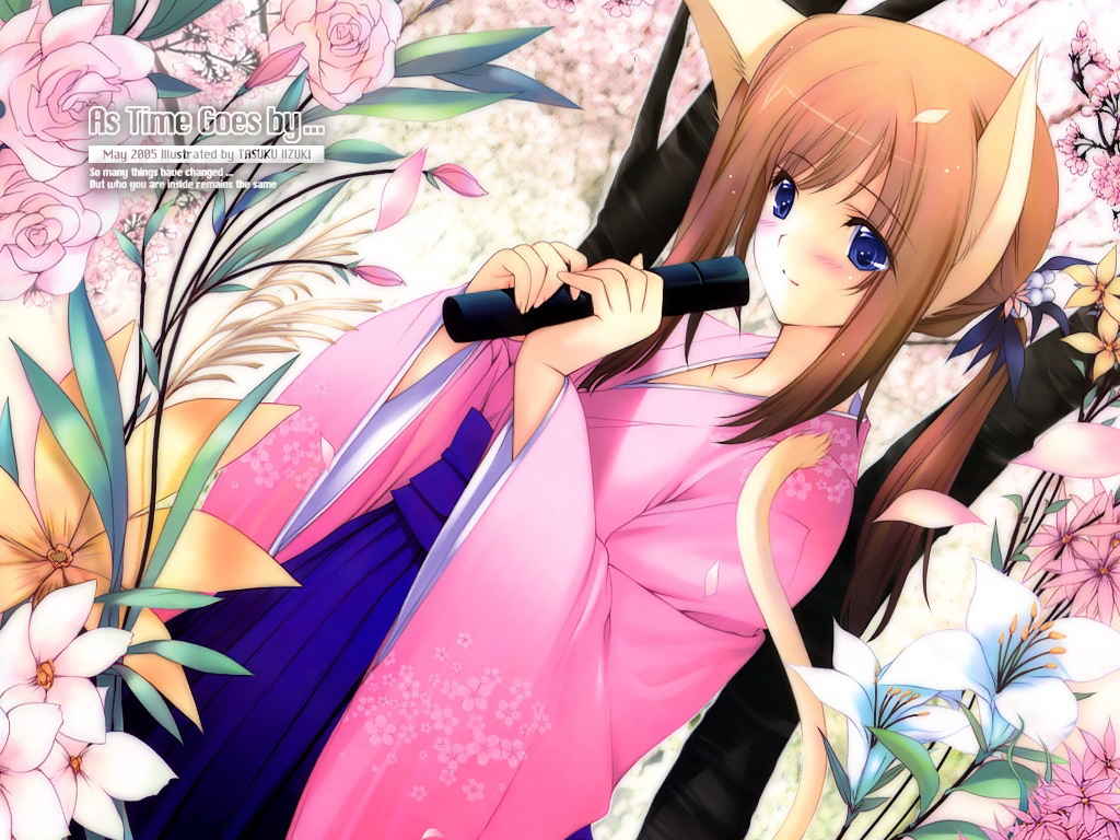 iizuki tasuku, animal ears, blue eyes, brown hair, cat ears, flower, japanese clothes, kimono, ponytail, tail