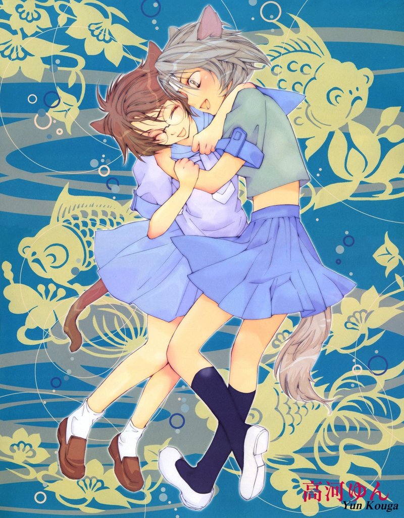 yun kouga, loveless, silver hair, 00s, animal ears, bandaid, brown hair, cat ears, cat tail, glasses, hug, school uniform, serafuku, short hair, tail