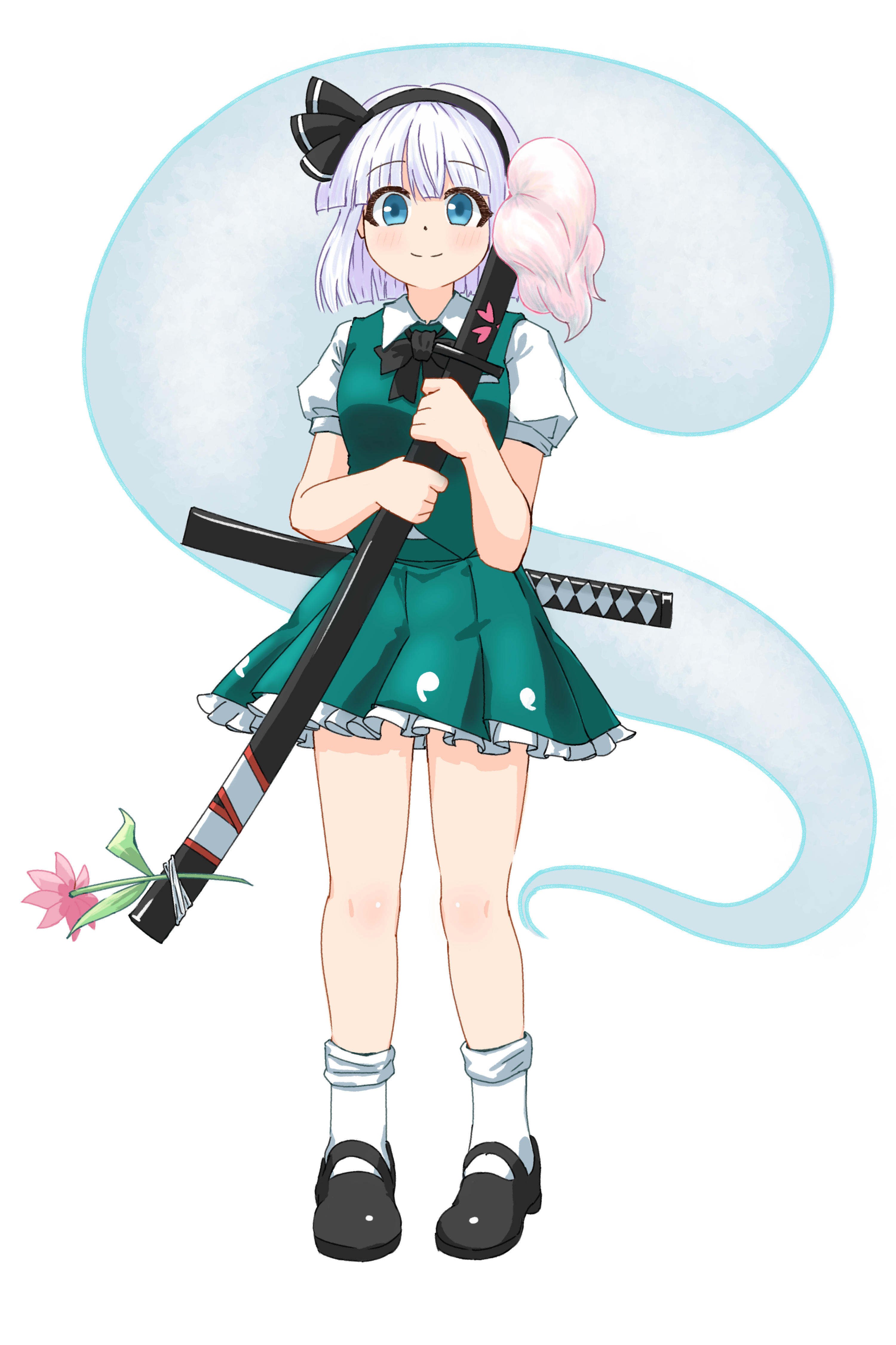 konpaku youmu, konpaku youmu (ghost), touhou, absurdres, commentary, highres, 1girl, black bow, black bowtie, black hairband, black shoes, bow, bowtie, closed mouth, collared shirt, flower, frilled skirt, frills, full body, green skirt, green vest, grey hair, hairband, hitodama, hitodama print, holding, holding sword, holding weapon, katana, looking at viewer, mary janes, multiple swords, pink flower, pleated skirt, puffy short sleeves, puffy sleeves, sheath, sheathed, shirt, shoes, short sleeves, simple background, skirt, skirt set, smile, socks, solo, sword, vest, weapon, white background, white shirt, white socks, yangzz