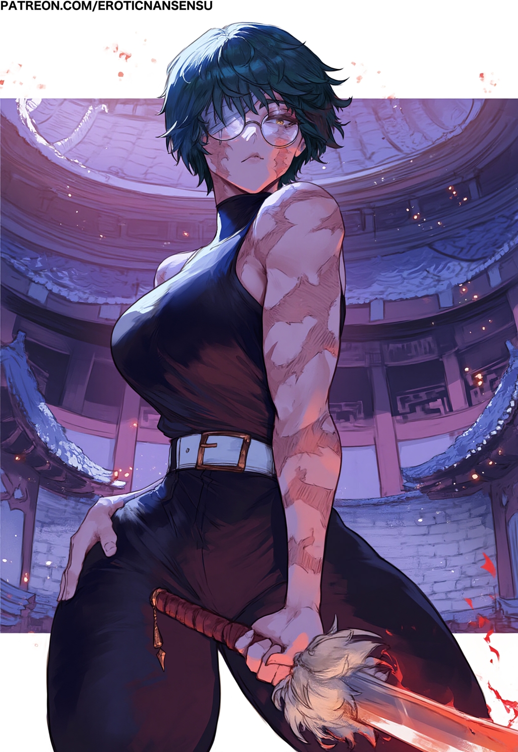 erotic nansensu, zen'in maki, jujutsu kaisen, ai-assisted, highres, bandage over one eye, belt, burn scar, glasses, gold buckle, green hair, hand on own hip, high-waist pants, holding, holding sword, holding weapon, multiple scars, muscular, muscular female, narrow waist, pants, round eyewear, scar, scars all over, sword, thick thighs, thighs, too many, weapon, white belt, yellow eyes