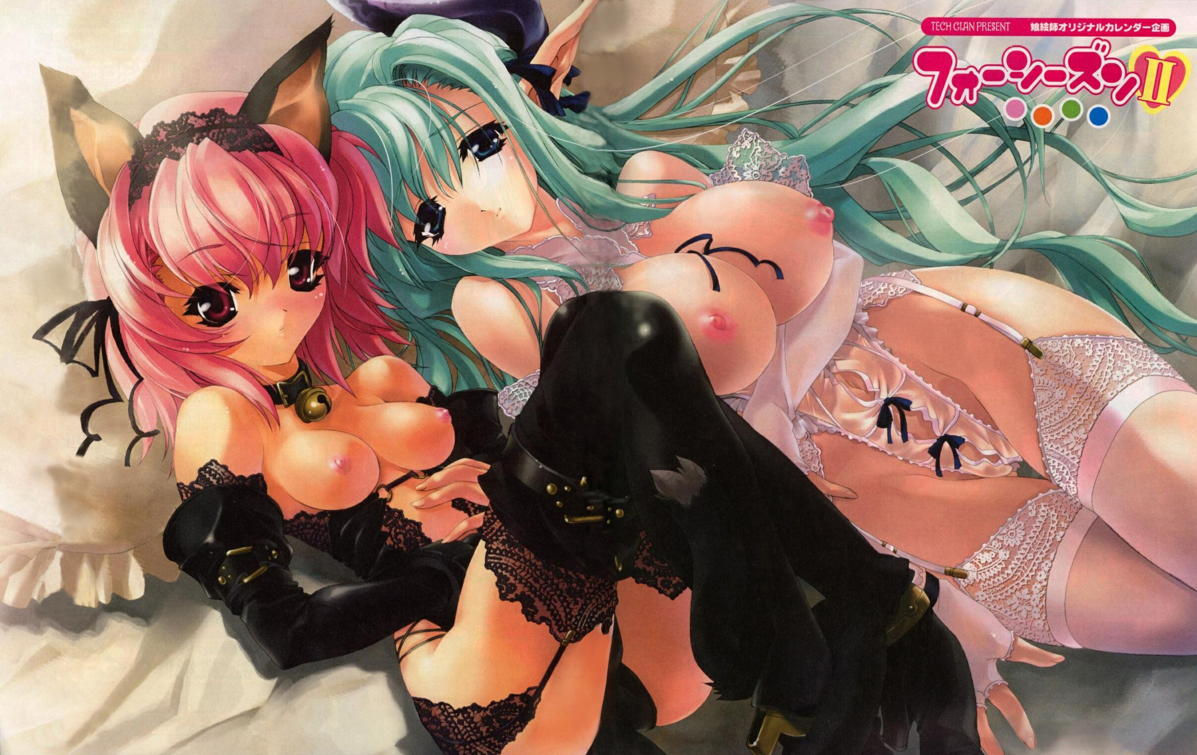 miwa yoshikazu, highres, animal ears, bell, blush, bow, breasts, cat ears, collar, elf, garter belt, gloves, green eyes, green hair, high cut, lingerie, long hair, pink eyes, pink hair, pointy ears, short hair, teddy (lingerie), thighhighs, underwear, yuri