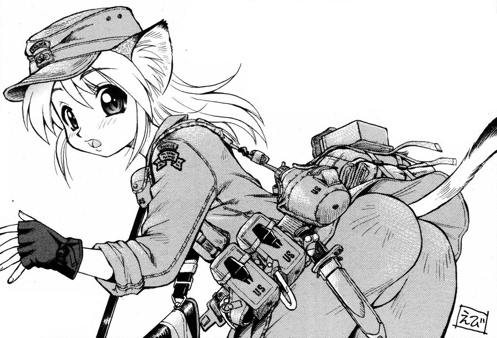 animal ears, army, belt, cat ears, gloves, hat, knife, pants, short hair