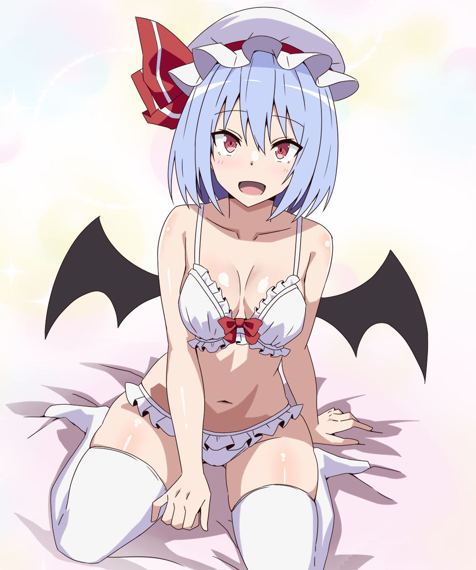 to~fuya, remilia scarlet, touhou, commentary request, 1girl, alternate costume, bat wings, blue hair, bow, bow bra, bra, breasts, breasts apart, collarbone, hat, hat ribbon, looking at viewer, mob cap, navel, open mouth, panties, red bow, red eyes, red ribbon, ribbon, sitting, smile, solo, stomach, thighhighs, underwear, wariza, white bra, white hat, white panties, white thighhighs, wings
