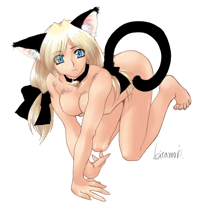 animal ears, barefoot, bell, blonde hair, blue eyes, bow, breasts, cat ears, collar, fang, long hair, no panties, nude, ribbon, twintails