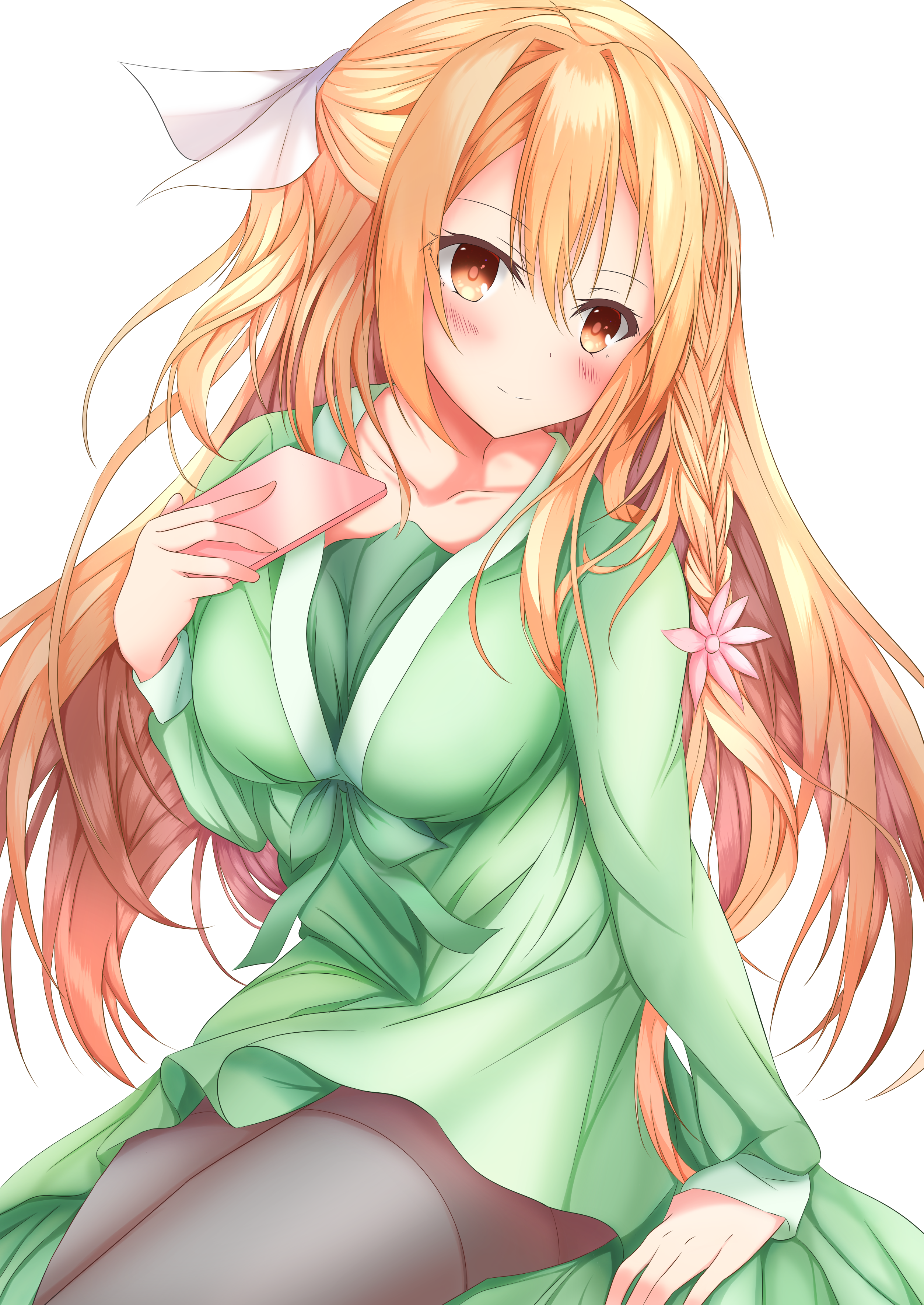 koyo aki (vtvd5277), shirley warwick, amairo islenauts, absurdres, commentary, highres, 1girl, alternate costume, arm at side, artist name, black pantyhose, blonde hair, blush, braid, breasts, casual, closed mouth, collarbone, cowboy shot, dress, floating hair, flower, green dress, hair between eyes, hair flower, hair intakes, hair ornament, hair ribbon, hand up, holding, holding phone, large breasts, long hair, long sleeves, looking at viewer, orange eyes, pantyhose, phone, pink flower, ribbon, sidelocks, simple background, single braid, smile, solo, split mouth, thighband pantyhose, very long hair, white background, white ribbon