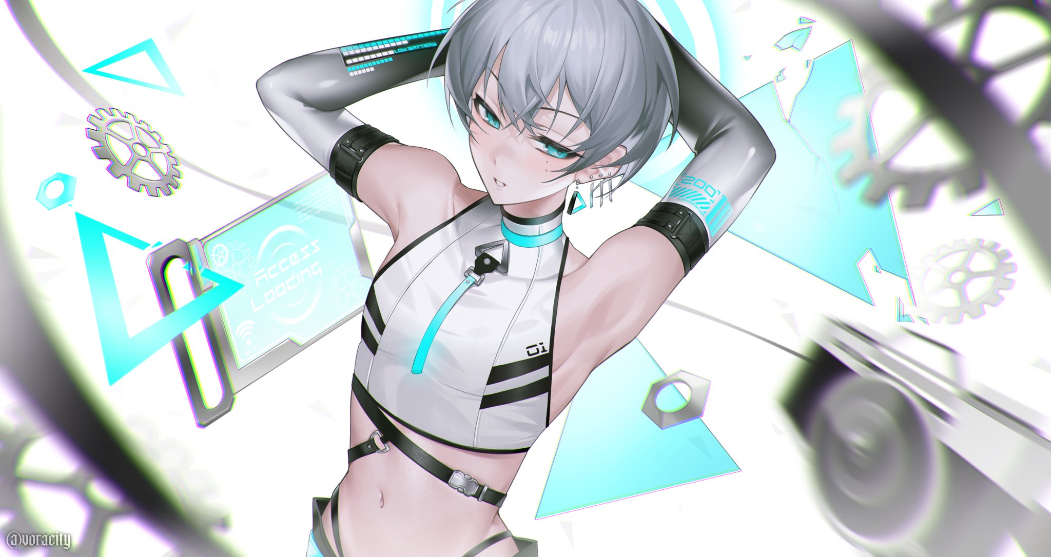 vorqcity, original, commentary, highres, 1boy, armpits, arms behind head, arms up, artist name, bare shoulders, blue eyes, camera, choppy bangs, cropped shirt, crossed bangs, dated commentary, detached sleeves, gears, grey hair, hair between eyes, looking at viewer, male focus, midriff, navel, parted lips, shirt, short hair, sleeveless, sleeveless shirt, solo, triangle, upper body, white background, white shirt