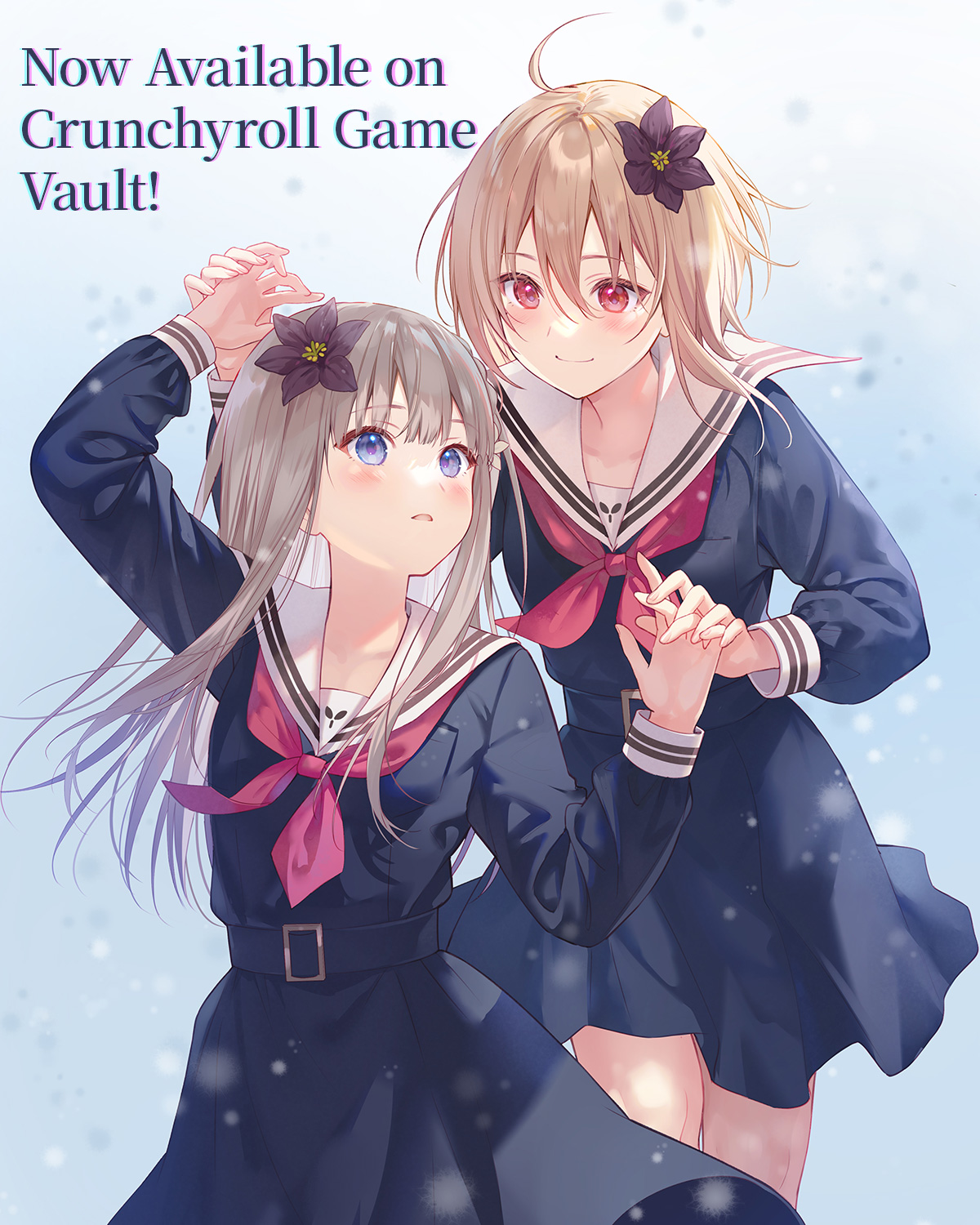 fukahire (ruinon), character request, commentary, english commentary, highres, 2girls, belt, black dress, black flower, black lily's tale, blonde hair, blue eyes, blush, brown flower, brown hair, chromatic aberration, closed mouth, cowboy shot, dress, english text, feet out of frame, flower, hair flower, hair ornament, holding hands, kamchatka lily, long hair, looking at another, looking at viewer, medium hair, multiple girls, neckerchief, parted lips, red eyes, red neckerchief, sailor collar, school uniform, short dress, smile, white sailor collar