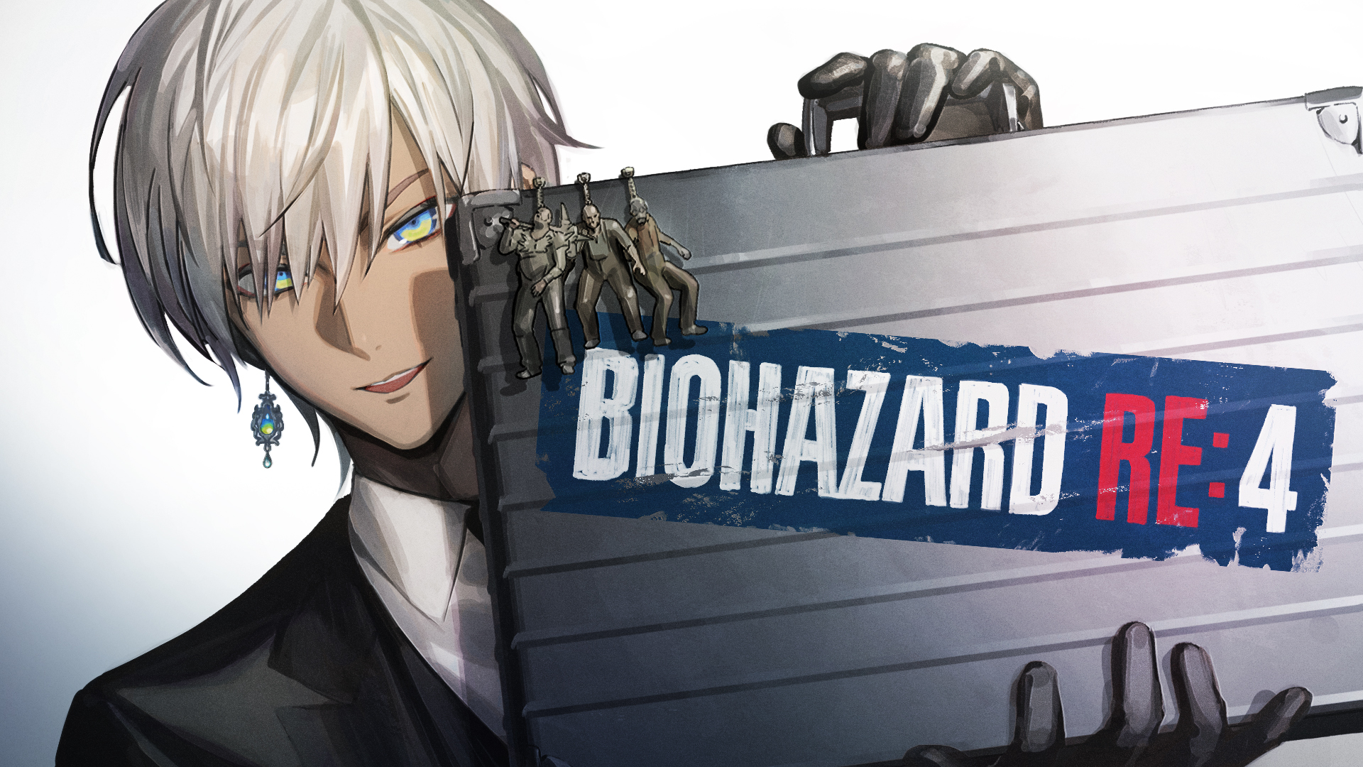mosako, ibrahim (6th costume) (nijisanji), ibrahim (nijisanji), nijisanji, commentary request, highres, 1boy, black gloves, black suit, blue eyes, briefcase, collared shirt, copyright name, dark-skinned male, dark skin, earrings, formal clothes, gloves, gradient background, gradient eyes, grey background, grey hair, holding, holding briefcase, jewelry, looking at viewer, male focus, multicolored eyes, shirt, short hair, smile, solo, suit, upper body, virtual youtuber, white shirt, yellow eyes