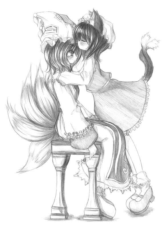 chen, yakumo ran, touhou, artist request, 2girls, animal ears, blush, cat ears, cat girl, cat tail, dress, female focus, fox ears, fox tail, game, hat, lilyran, monochrome, multiple girls, nekomata, short hair, tail