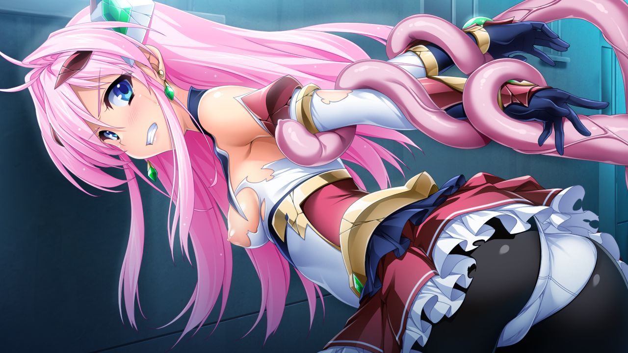 kamitsurugi ouka, aikawa haruno, exs-tia ignis, kouyoku senki exs-tia concert, game cg, large variant set, non-web source, official art, variant set, 1girl, ass, bent over, black gloves, black pantyhose, blue eyes, blush, breasts, clenched teeth, crack, detached sleeves, earrings, elbow gloves, frilled skirt, frills, gloves, hair between eyes, hair intakes, hair ornament, headgear, imminent rape, indoors, jewelry, leaning forward, long hair, looking at viewer, looking back, magical girl, medium breasts, miniskirt, nipples, pantyhose, pink hair, pleated skirt, red skirt, restrained, scowl, shiny clothes, shiny skin, skirt, solo, teeth, tentacles, torn clothes, torn pantyhose