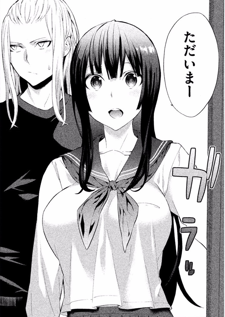 hiiragi yuuichi, arisou de nasa sou, non-web source, 1boy, 1girl, aris (arisou de nasa sou), black hair, breasts, kaede (arisou de nasa sou), large breasts, long hair, monochrome, sailor, sailor collar, sound effects, speech bubble, sweatdrop, teeth, upper body, upper teeth only