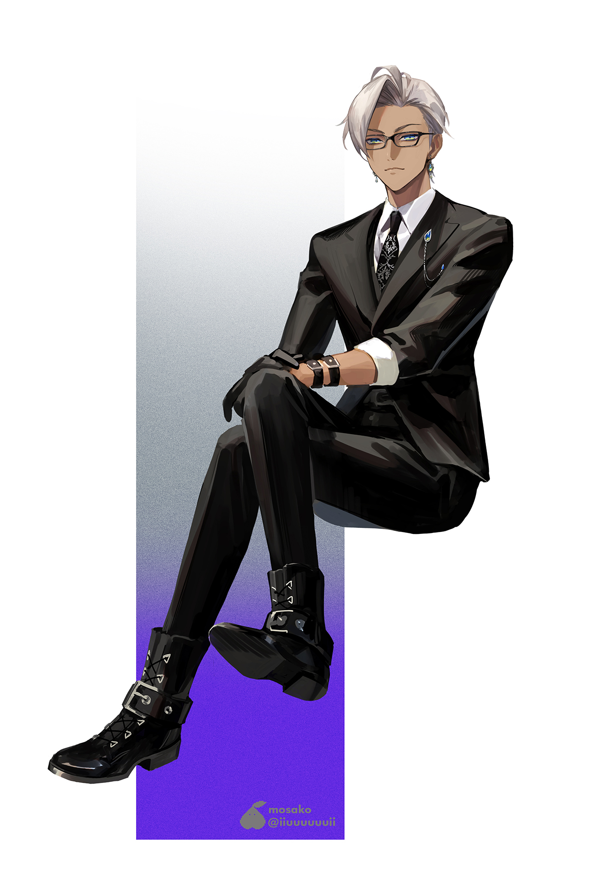 mosako, ibrahim (6th costume) (nijisanji), ibrahim (nijisanji), nijisanji, commentary request, highres, 1boy, asymmetrical bangs, black gloves, black necktie, black shoes, black suit, blue background, blue eyes, collared shirt, crossed legs, dark-skinned male, dark skin, formal clothes, frown, glasses, gloves, gradient background, grey background, grey hair, hair slicked back, looking at viewer, male focus, narrowed eyes, necktie, parted bangs, shirt, shoes, sleeve rolled up, solo, suit, virtual youtuber, watermark, white background, white shirt, wrist belt