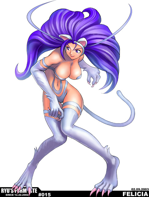 ryu (ryu's form site), felicia (darkstalkers), capcom, darkstalkers, 00s, 1girl, 2002, 2003, ahoge, animal ears, animal hands, big hair, blue eyes, blue hair, body fur, breasts, cat ears, cat tail, claws, cleavage, elbow gloves, female focus, fighting stance, game, gloves, large breasts, lipstick, long hair, makeup, matching hair/eyes, navel, simple background, smile, solo, standing, tail, thigh gap, thighhighs, thighs