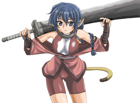 karulau, utawarerumono, lowres, 00s, 1girl, animal ears, blue eyes, blue hair, braid, cat ears, chain, collar, female focus, gloves, long hair, matching hair/eyes, plait, shorts, simple background, solo, sword, weapon
