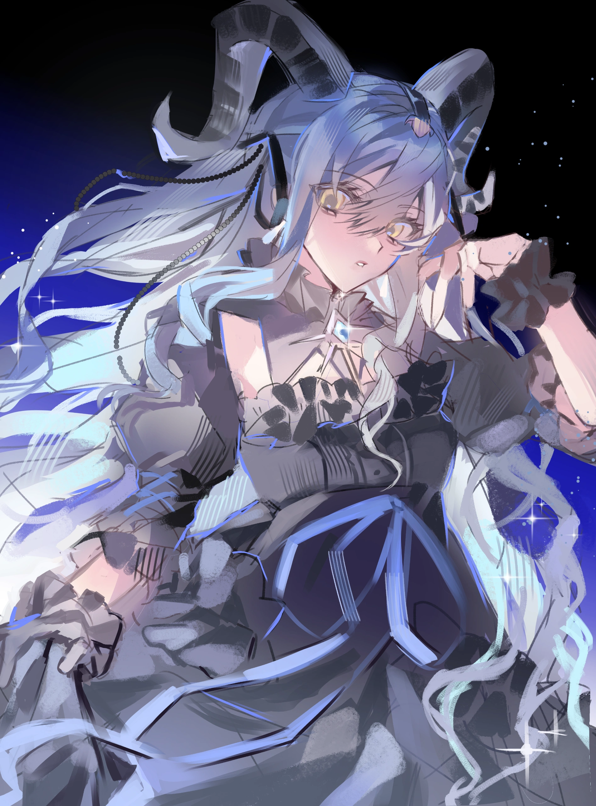togawa sakiko, arknights, bang dream!, bang dream! it's mygo!!!!!, absurdres, chinese commentary, commentary request, highres, 1girl, black dress, black gloves, black horns, black ribbon, blue background, blue hair, blue ribbon, cowboy shot, curled horns, detached collar, dress, gloves, gradient background, hair between eyes, hair ribbon, hand up, horns, long hair, looking at viewer, niao xiao shu, parted lips, ribbon, sidelocks, solo, standing, togawa sakiko (master of melodia), two side up, wrist cuffs, yellow eyes