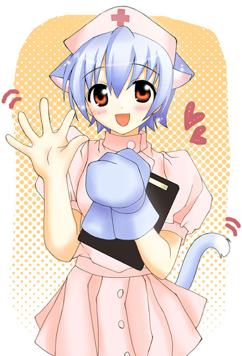 animal ears, blue hair, blush, cat ears, gloves, hat, nurse, red eyes, short hair