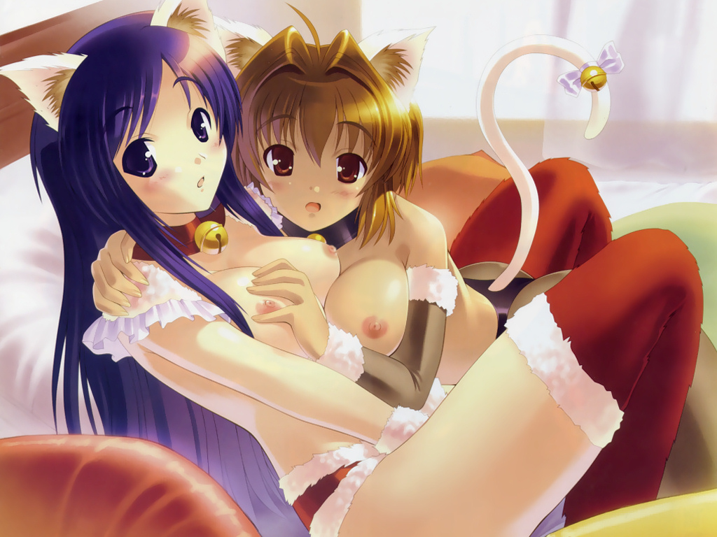 2girls, ahoge, animal ears, ass, bare shoulders, bed, bell, blue eyes, blue hair, blush, breasts, brown eyes, brown hair, cat ears, cat girl, cat tail, christmas, collar, detached sleeves, female focus, fur trim, gloves, grabbing another's breast, groping, jingle bell, long hair, lying, medium breasts, multiple girls, neck bell, nipples, panties, pantyhose, purple eyes, purple hair, short hair, tail, thighhighs, underwear, yuri