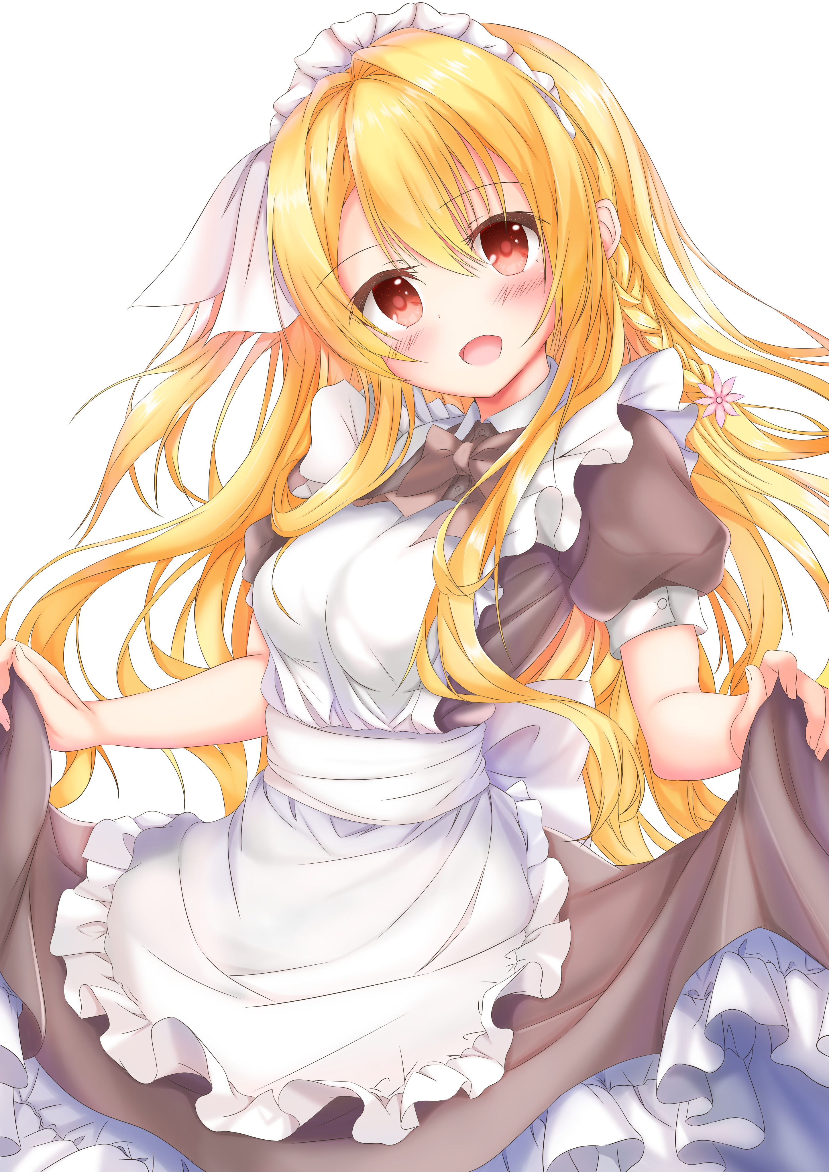 koyo aki (vtvd5277), shirley warwick, amairo islenauts, absurdres, commentary request, highres, 1girl, :d, alternate costume, apron, back bow, black bow, black bowtie, black dress, blush, bow, bowtie, braid, breasts, cowboy shot, dress, enmaided, flower, frilled apron, frilled dress, frills, hair between eyes, hair flower, hair intakes, hair ornament, hair ribbon, happy, large breasts, long hair, looking at viewer, maid, maid apron, maid headdress, one side up, open mouth, pink flower, puffy short sleeves, puffy sleeves, red eyes, red pupils, ribbon, short sleeves, sidelocks, simple background, single braid, skirt hold, smile, solo, very long hair, white apron, white background, white bow, white ribbon