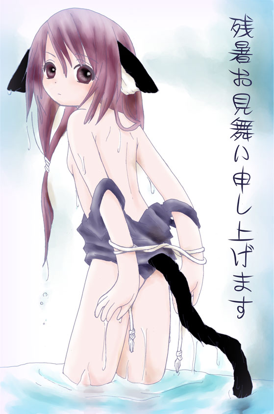 artist request, character request, copyright request, 1girl, animal ears, ass, blue one-piece swimsuit, blush, breasts, brown eyes, brown hair, cat ears, cat girl, cat tail, from behind, long hair, looking at viewer, looking back, one-piece swimsuit, partially submerged, ponytail, rope, school swimsuit, small breasts, swimsuit, tail, undressing, wading, water, wet