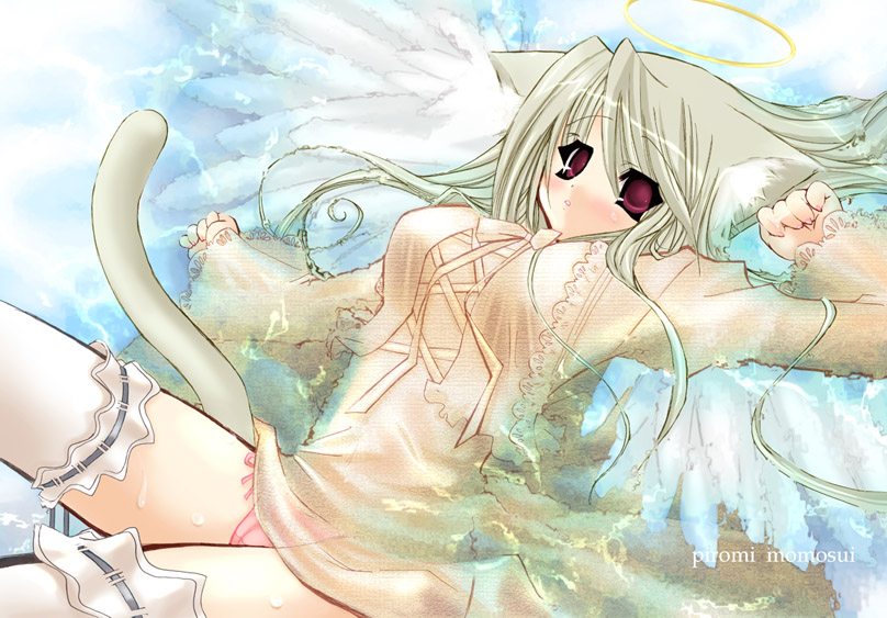 animal ears, blonde hair, bow, cat ears, dress, long hair, panties, piromi momosui, purple eyes, red eyes, thighhighs, underwear, wings