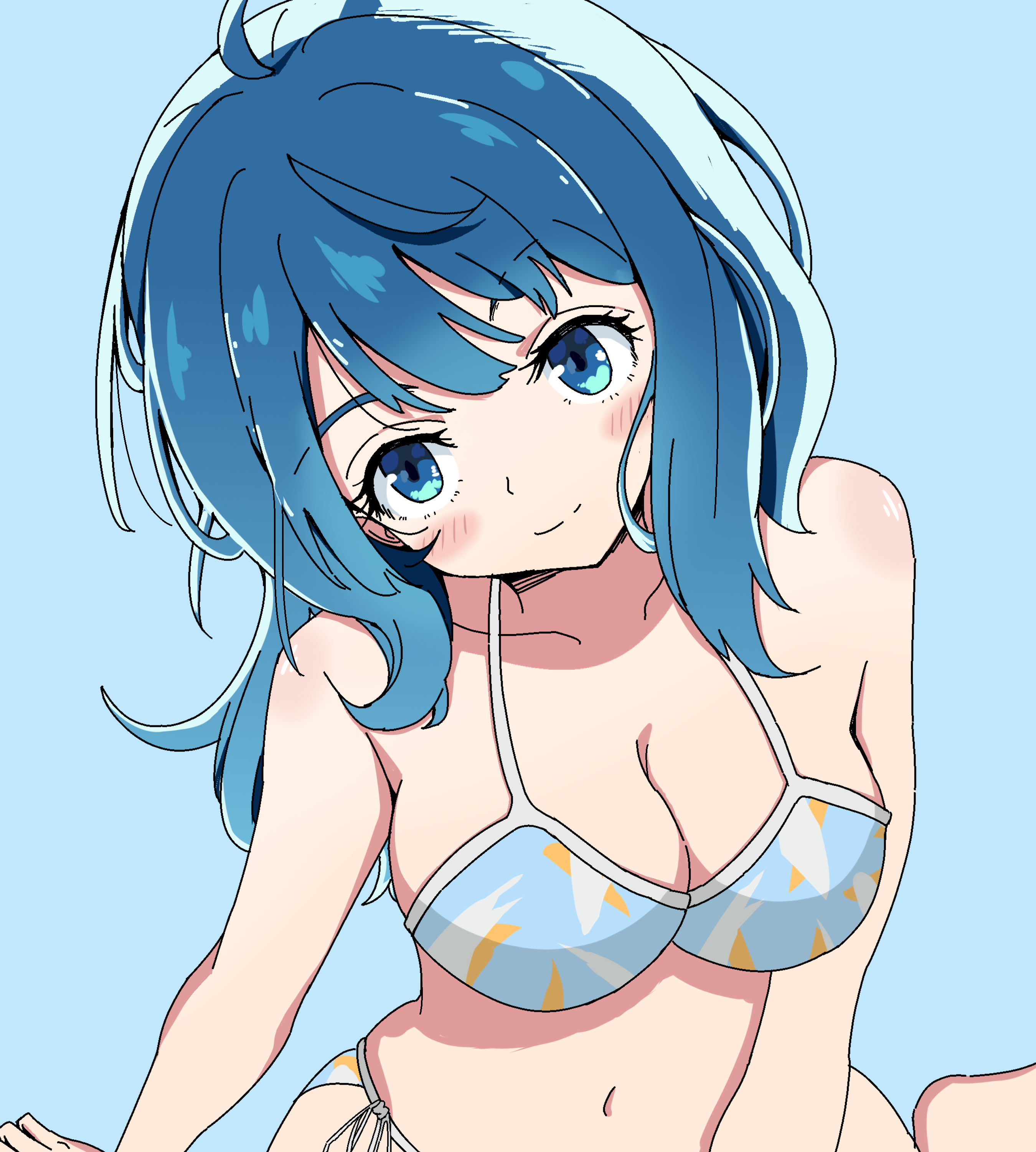 3066115054, yanami anna, make heroine ga oo sugiru!, absurdres, commentary request, highres, 1girl, arm at side, backlighting, bare shoulders, bikini, blue bikini, blue eyes, blue hair, blurry, blurry background, blush, breasts, cleavage, closed mouth, collarbone, eyelashes, hair between eyes, large breasts, looking at viewer, medium hair, navel, side-tie bikini bottom, simple background, skindentation, smile, solo, split mouth, straight hair, swimsuit, tareme, upper body, upturned eyes