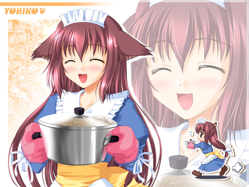 yoriko, da capo, 00s, animal ears, apron, blush, bow, brown eyes, cat ears, chibi, dress, food, gloves, long hair, maid, maid apron, ponytail, red hair