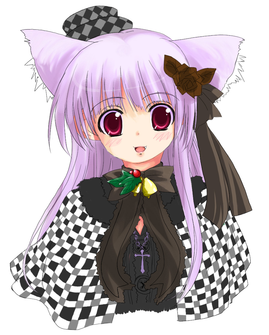 bell, blush, bow, capelet, fang, flower, gothic lolita, hat, lolita fashion, long hair, purple hair, red eyes, ribbon, rose