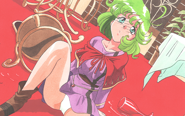 kimura takahiro, harlem blade, non-web source, official art, 1girl, accident, blue eyes, brown shoes, cup, drinking glass, dutch angle, green hair, indoors, knee up, muffin manifold, off shoulder, panties, pantyshot, purple tunic, shoes, short hair, sitting, solo, spill, table, tunic, underwear, white panties