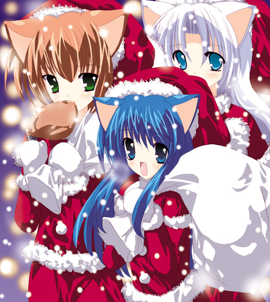 shikigami azuma, 3girls, :d, animal ears, bag, blue eyes, blue hair, brown hair, cat ears, christmas, fang, food, gloves, green eyes, grey hair, hat, long hair, multiple girls, open mouth, santa costume, short hair, smile, snow, white hair