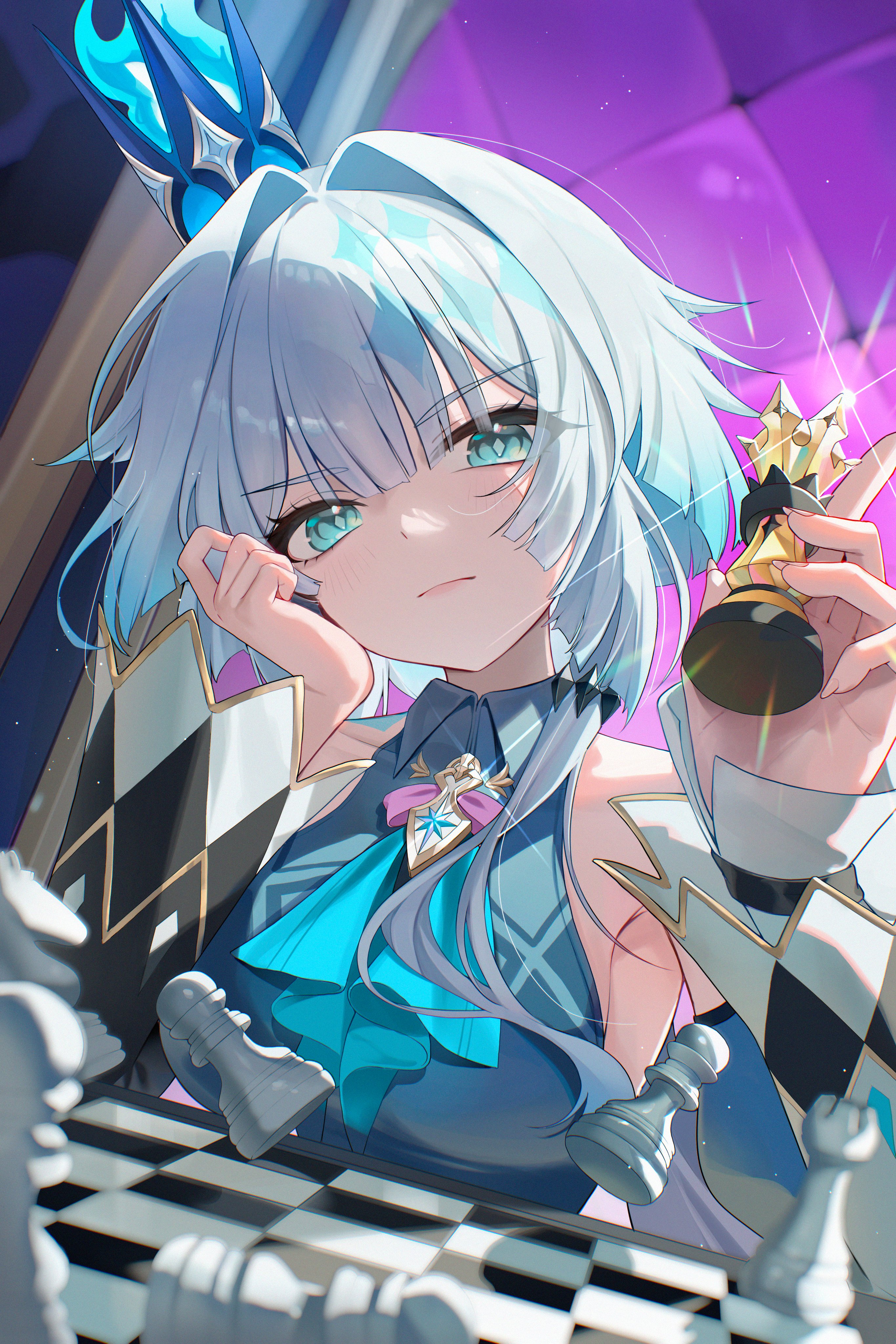 luz0207, cerydra (honkai: star rail), honkai: star rail, honkai (series), mihoyo, absurdres, highres, 1girl, aqua hair, blue dress, blue eyes, chess piece, chessboard, chrysos heirs (honkai: star rail), crown, diamond-shaped pupils, diamond (shape), dress, holding, holding chess piece, king (chess), mini crown, pawn (chess), solo, symbol-shaped pupils
