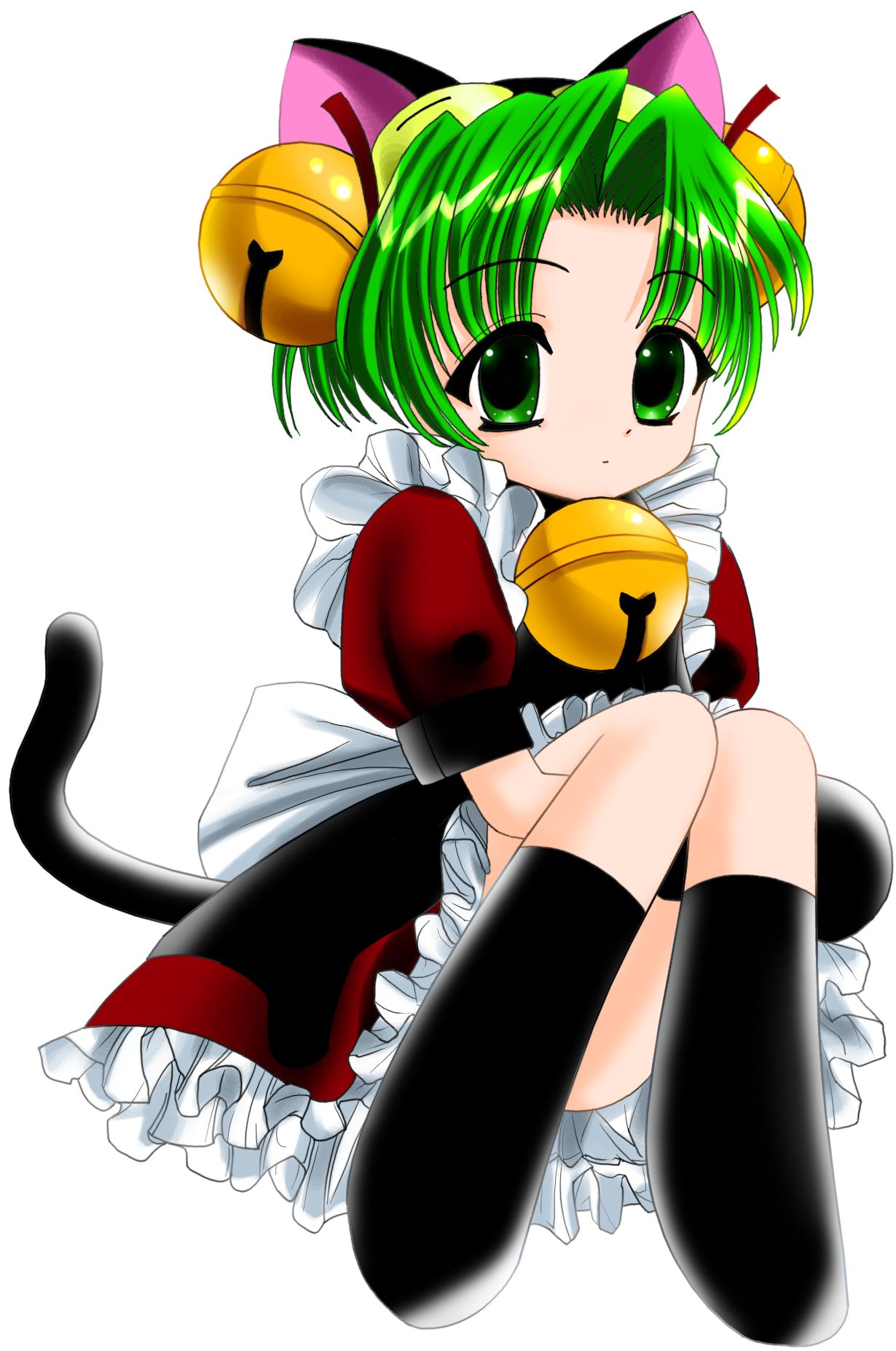 dejiko, di gi charat, highres, animal ears, apron, bell, bow, cat ears, dress, gloves, green eyes, green hair, kneehighs, nekohat, short hair, socks
