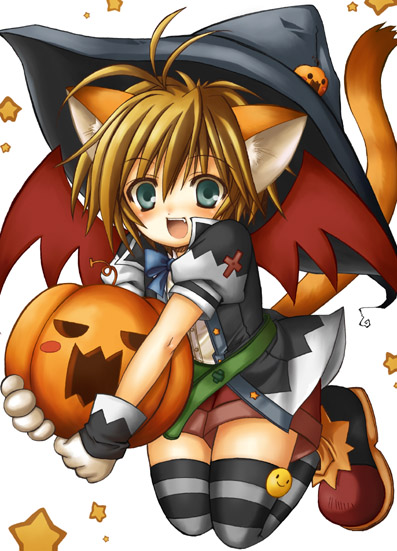 1girl, ahoge, animal ears, belt, blonde hair, blue eyes, cat ears, fang, female focus, green eyes, halloween, hat, patterned legwear, short hair, shorts, solo, striped clothes, striped thighhighs, thighhighs, wings, witch