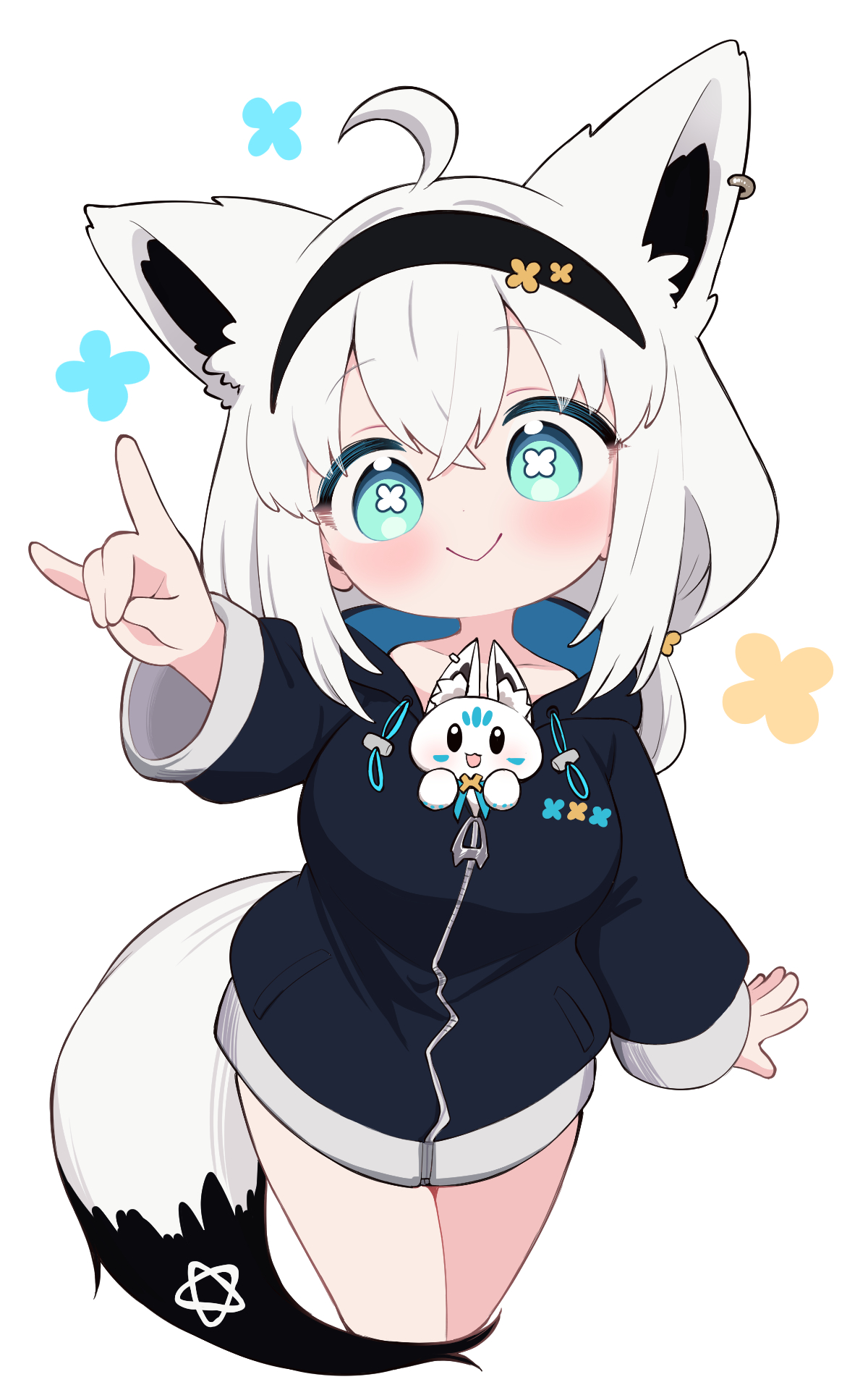 kani bonara, shirakami fubuki, sukonbu (shirakami fubuki), hololive, commentary, highres, symbol-only commentary, 1girl, 1other, :d, ahoge, alternate breast size (larger), animal ear fluff, animal ears, aqua eyes, arm at side, black eyes, black hairband, black hoodie, breasts, bright pupils, cowboy shot, creature, cropped legs, crossed bangs, dot nose, flower-shaped pupils, fox ears, fox girl, fox shadow puppet, fox tail, hairband, hood, hood down, hoodie, large breasts, legs together, light blush, long hair, long sleeves, looking at viewer, open mouth, smile, standing, straight hair, symbol-shaped pupils, tail, virtual youtuber, white background, white hair, white pupils