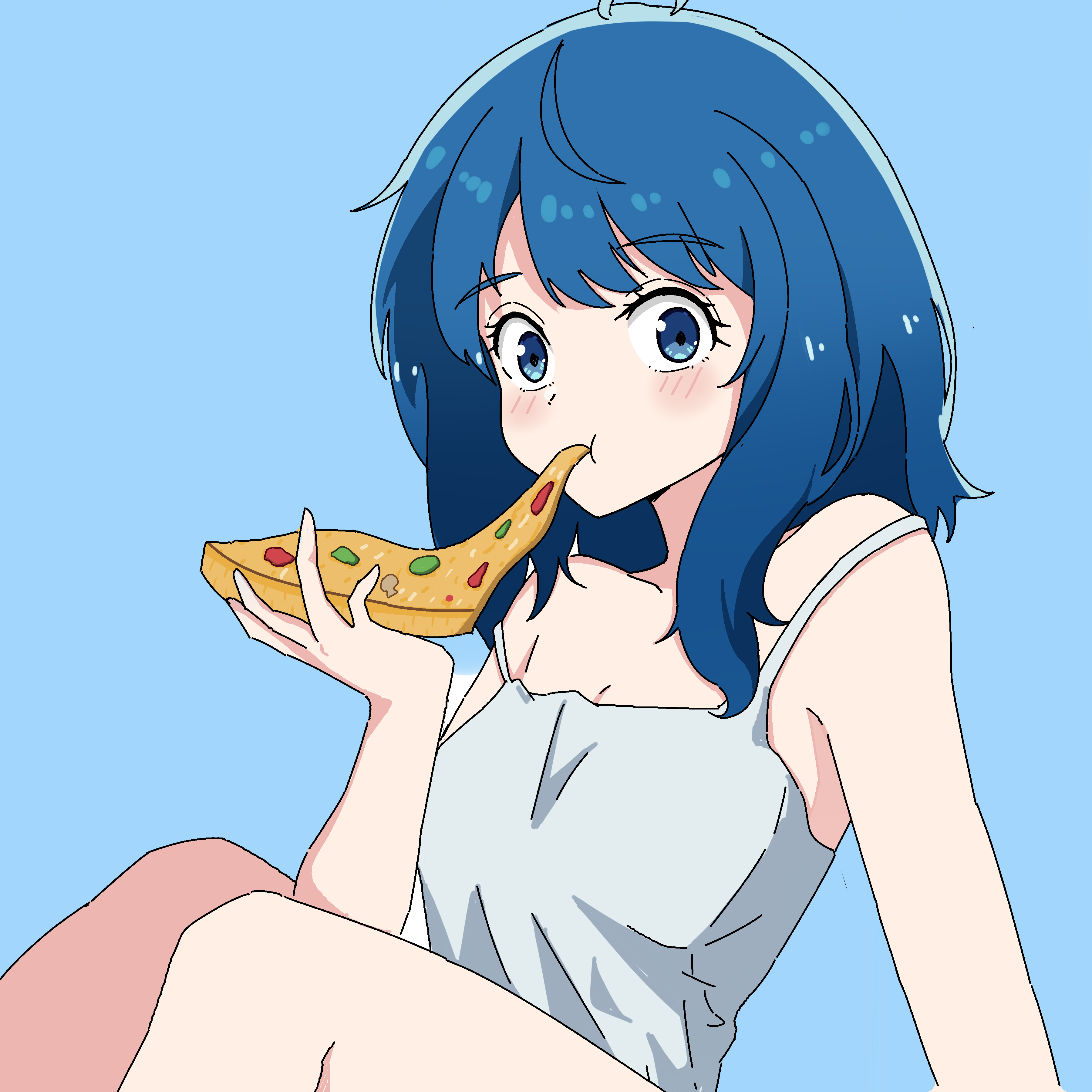 3066115054, yanami anna, make heroine ga oo sugiru!, absurdres, commentary request, highres, 1girl, :t, ahoge, bare shoulders, blue background, blue eyes, blue hair, blush, breasts, camisole, cleavage, closed mouth, collarbone, eating, eyelashes, food, food in mouth, grey camisole, hand up, holding, holding food, holding pizza, knees up, looking at viewer, medium hair, pizza, pizza slice, simple background, sitting, solo, strap slip, tareme, upper body, wide-eyed