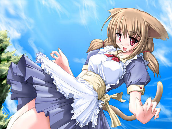 animal ears, apron, blush, bow, brown hair, cat ears, dress, maid, maid apron, pink eyes, red eyes, short hair, twintails