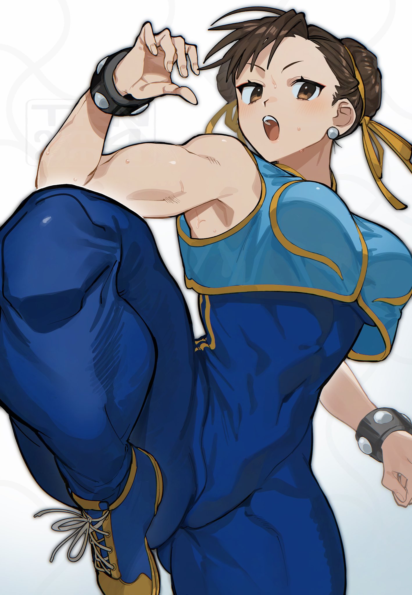 trnnmnm4, chun-li, capcom, street fighter, street fighter zero (series), commentary, highres, symbol-only commentary, 1girl, bare shoulders, blue bodysuit, blue shoes, blue unitard, bodysuit, bracelet, breasts, brown eyes, brown hair, chinese clothes, covered navel, double bun, earrings, fighting stance, hair bun, hair ribbon, jewelry, looking at viewer, medium breasts, multicolored shoes, open mouth, ribbon, shoes, solo, standing, standing on one leg, sweat, toned, toned female, two-tone shoes, unitard