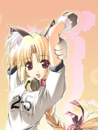 animal ears, bell, blonde hair, bow, braid, cat ears, collar, fang, gloves, long hair, plait, red eyes, ribbon